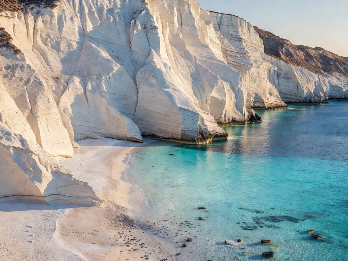 Dramatic white chalk cliffs and pristine Aegean sea water at Milos Greece