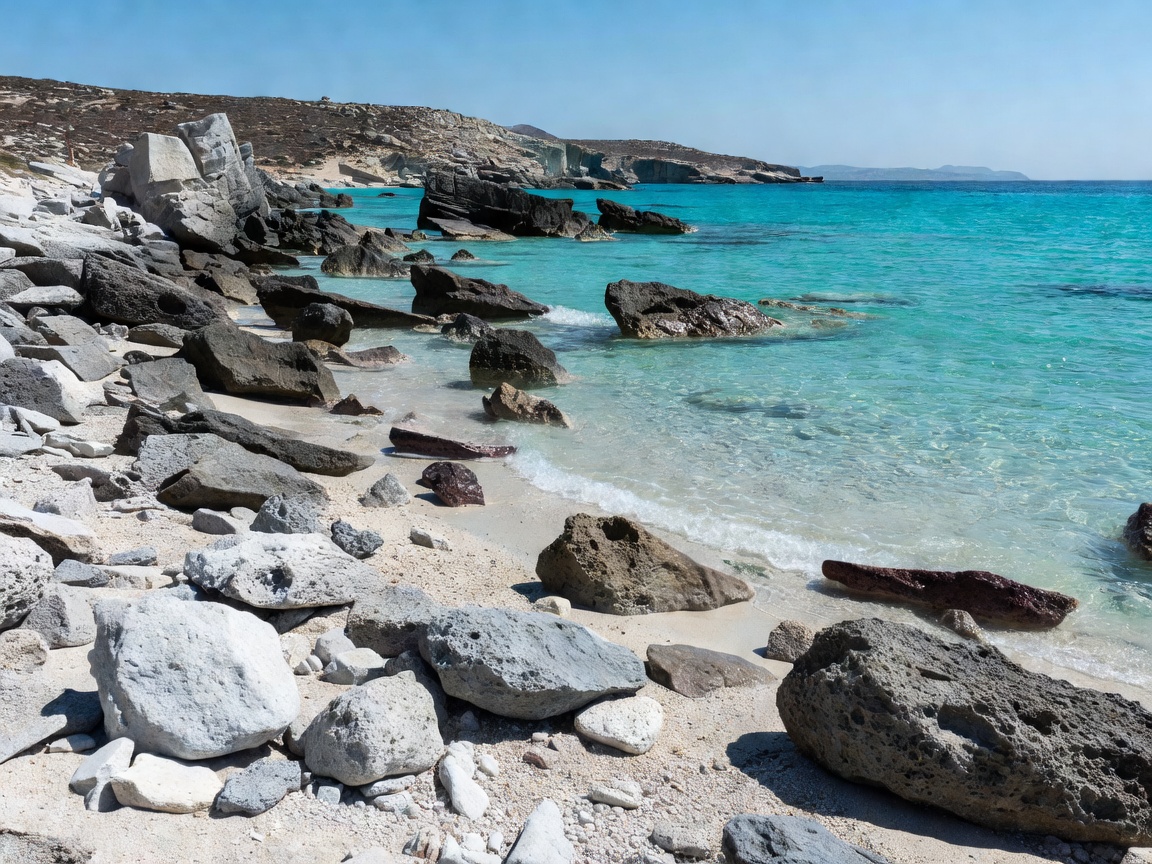 Turquoise sea against chalk white rocks in Milos Greek Islands