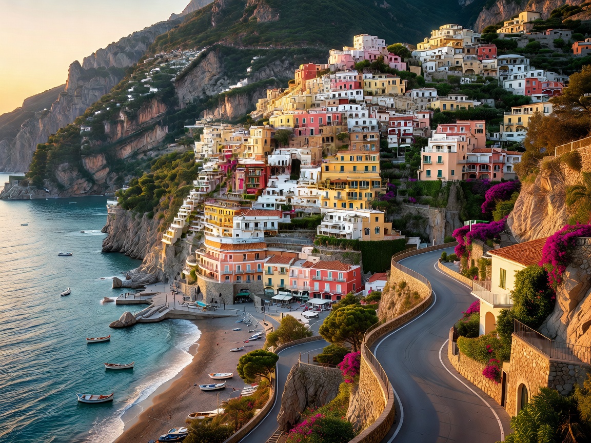 Positano coastal village and winding clifftop road along the Amalfi Coast in Italy