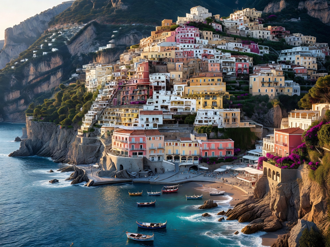 Scenic vertical cliffs of Positano on the Amalfi Coast of Italy