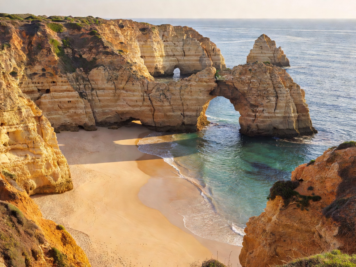 Golden sandstone arches and sea stacks along the Algarve coastline in Portugal