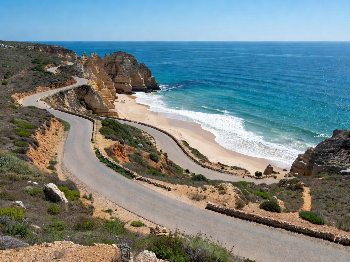 Scenic roadway leading down to the Atlantic ocean along Southern Portugal