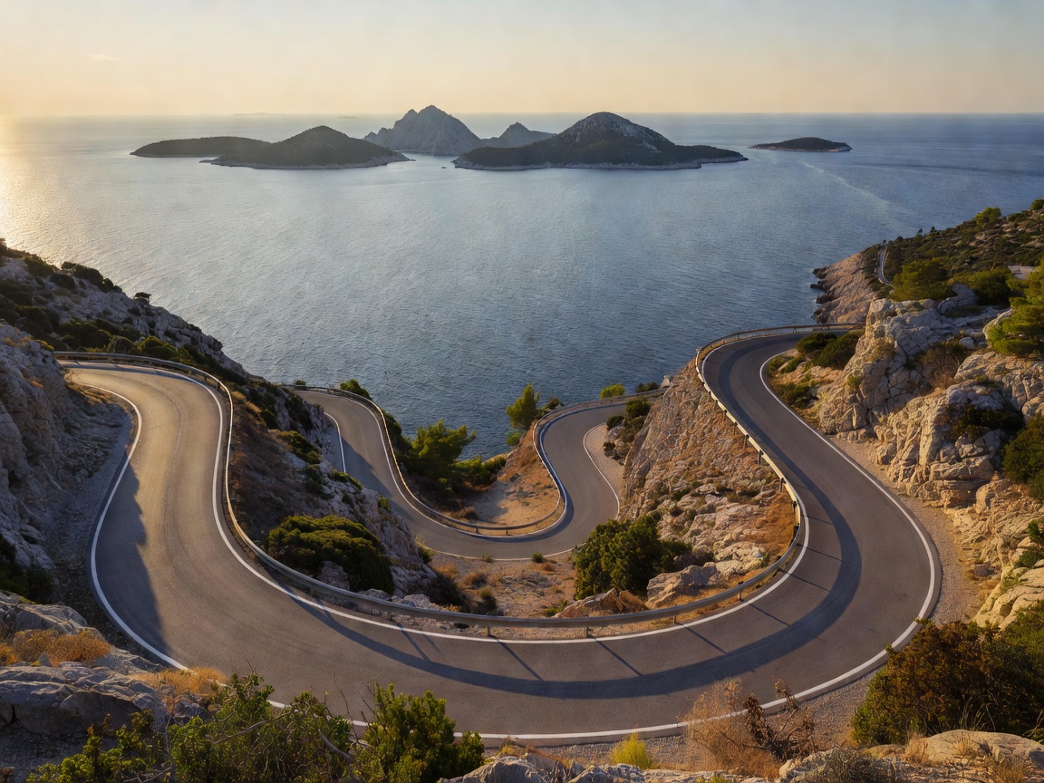 Winding Adriatic coastal highway with islands in the background in Croatia
