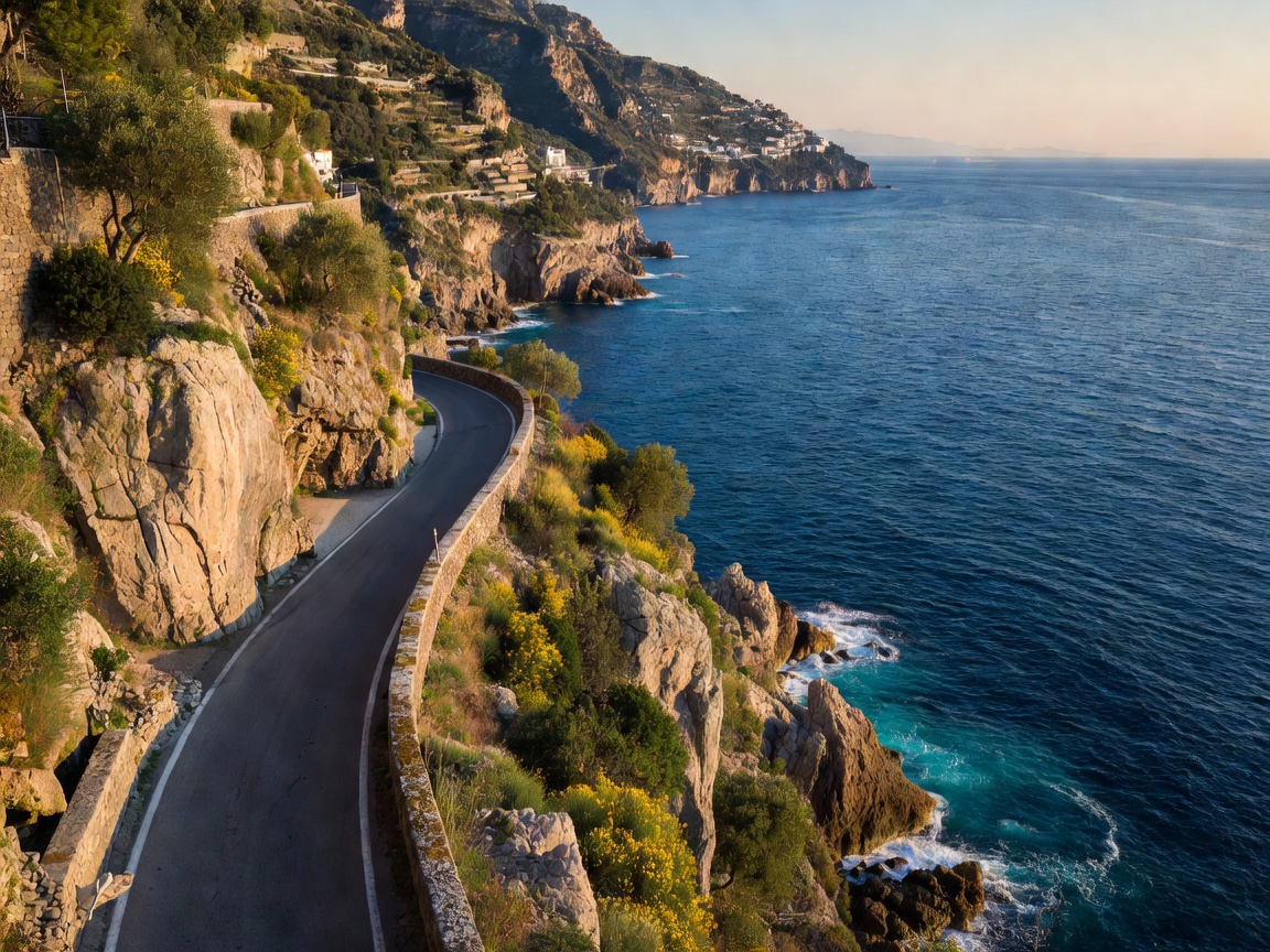 Winding clifftop roadway overlooking the deep blue sea along the Amalfi Coast